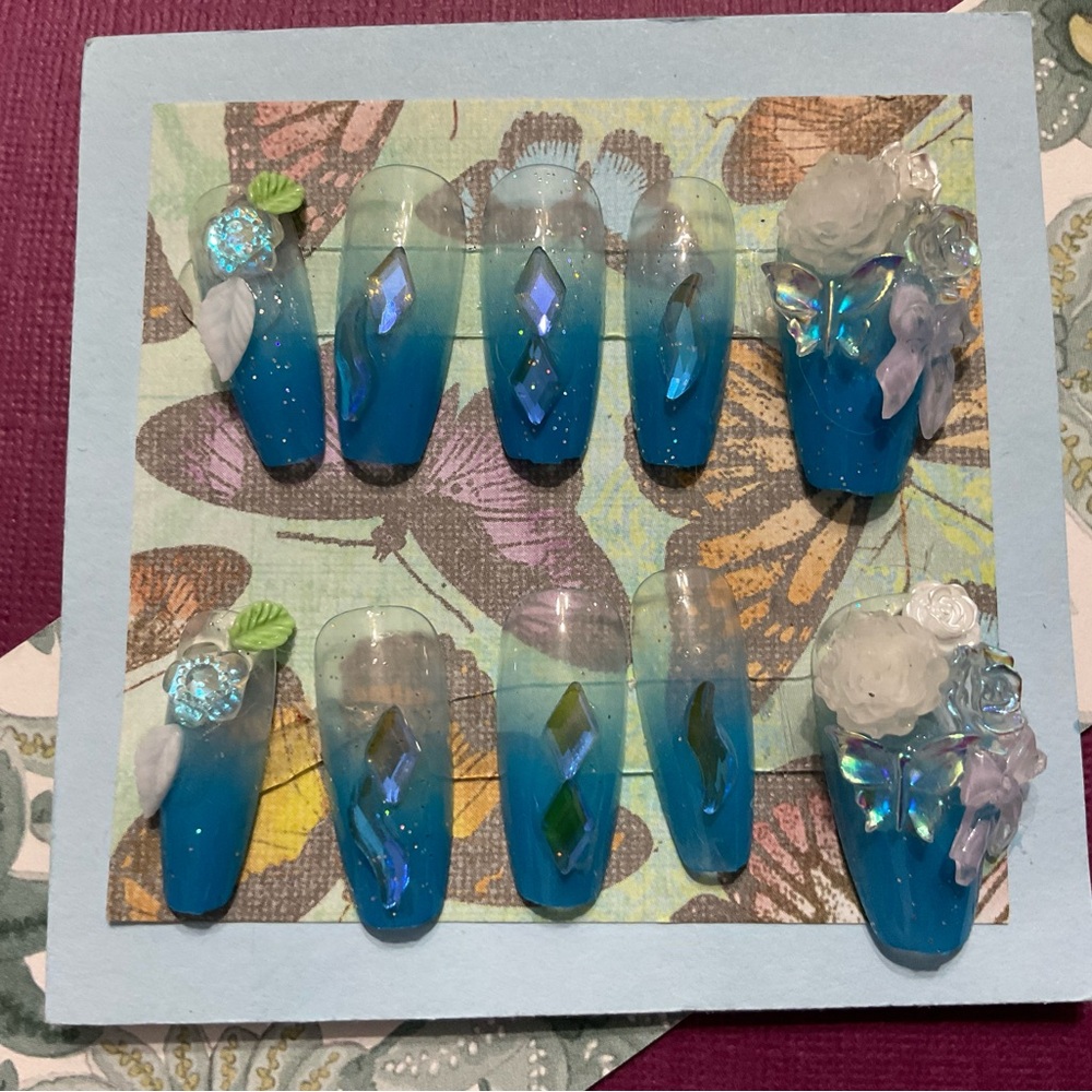 Handmade Size Medium Blue Press On Nails Set~Imagine Harmony Collection~ #112